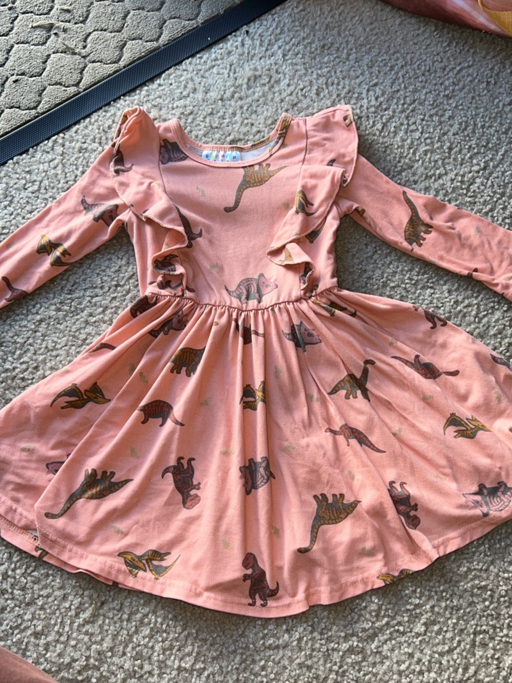 Dot Dot Smile Coral Pink Dinosaur Ruffle Dress
